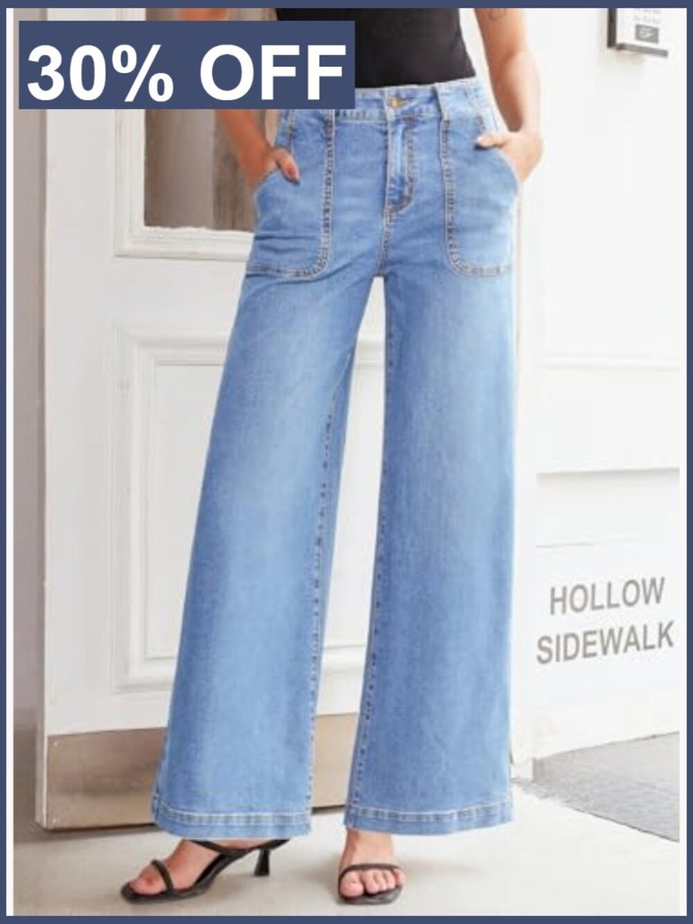 High Waisted Wide Leg Jeans Stretchy Baggy Straight Denim Pants Pockets - Picture 3 of 7